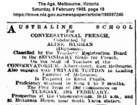 Aline Hughan, Australine School for Conversational French, Melbourne, Australia, 1908
