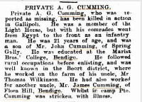 Alexander George Cumming obituary, 1915