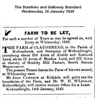 Claughread Farm 'to be Let' - 1848 - James Gordon retires from farming (The Dumfries and Galloway Standard)