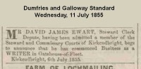 David James Ewart public announcement as a "Writer", 1855