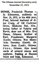 Frederick Thomas Dunse obit 1972