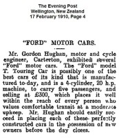 Gordon Hughan Ford article, New Zealand, 1910