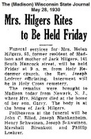 Helen Schweinem Hilgers funeral announcement, 1930
