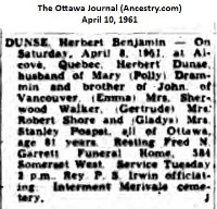 Herbert B. Dunse obituary, 1961