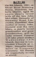 Isabella Martin McLellan obituary, 1991