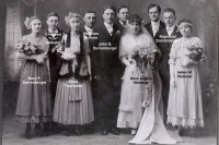 Wedding of John G. (Jack) Durrenberger and Angela Weibeler - 20 Oct 1915 (left to right) Mary Durrenberger, Christian "Cox" Weibeler, Clara Townsend, Nicholas Schons, John G. Durrenberger, Unknown Weibeler, Angela Weibeler, Unknown Weibeler, Raymond Durrenberger, Helen Weibeler