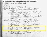 John MInnoch, birth entry, Wigtown parish OPR, 1813