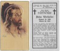 John Weibeler funeral card - 1952