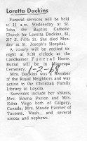 Loretta Dackins obituary, 1968