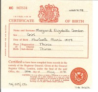 Margaret Elizabeth Gordon, birth certificate, 1858