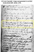 Margaret Minnoch, christening entry, Sorbie parish OPR, 1770