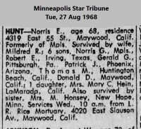 Obituary of Norris E. Hunt - 1968