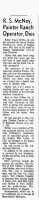 Robert Stuart McNey obituary, 1965