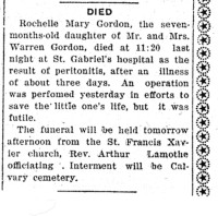 Rochelle Mary Gordon obituary, 1921