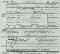 Victoria Sykora Kubischta death certificate 1995