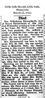Wilhelmina Briese obituary, 1921
